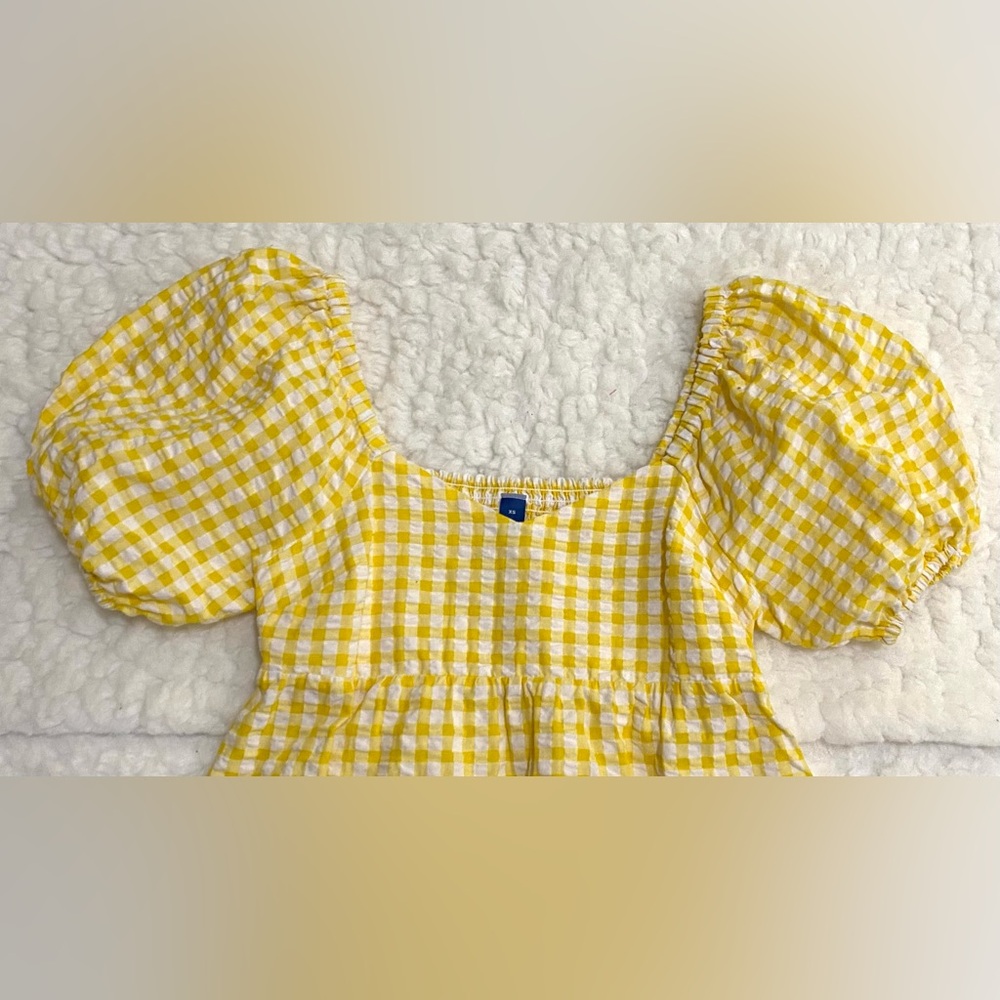 Old Navy Womens XS Yellow White Gingham Check Puff Sleeve Babydoll Dress Preppy - Picture 4 of 12